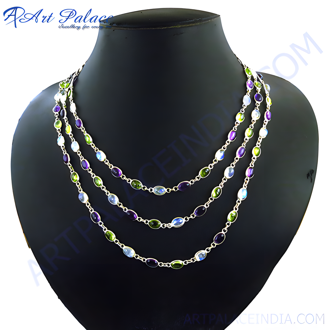 925 sterling silver layered necklace with multiple colored gemstones, showcasing a vibrant design, suitable for all occasions.
