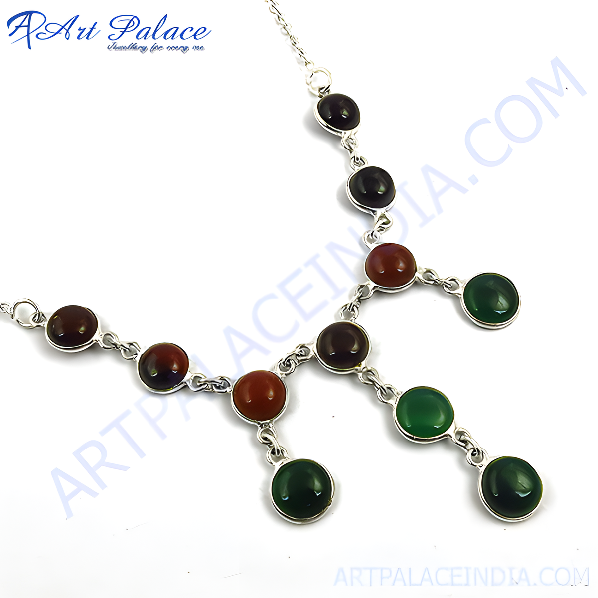 Sterling silver necklace with multiple colored gemstones in a beautiful design