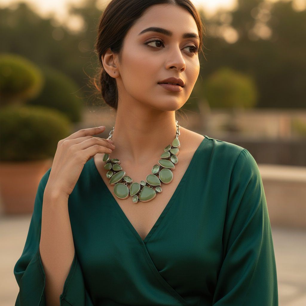 925 Sterling Silver Green Stone Necklace | Statement Jewelry