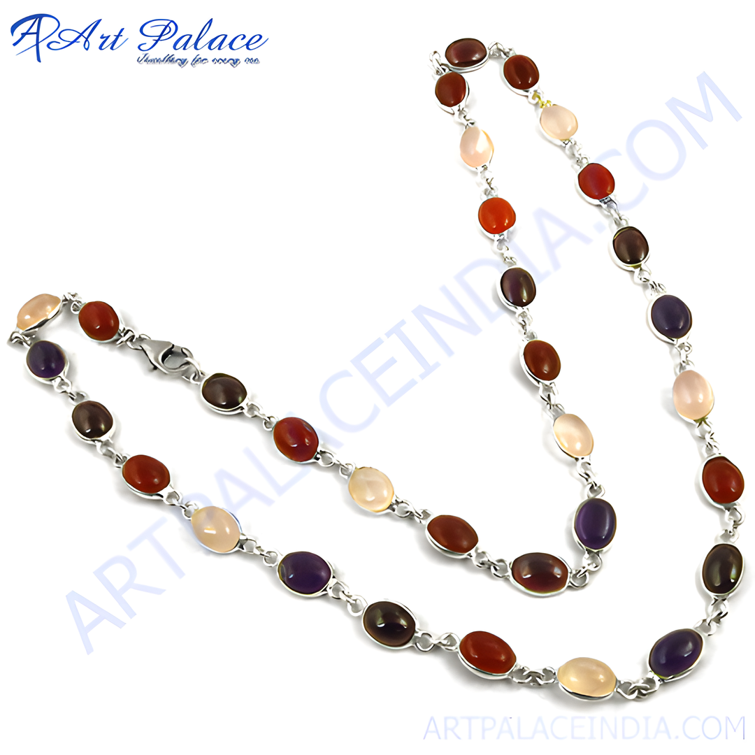 Sterling silver necklace with colorful oval-shaped gemstones. Women's fashion jewelry.