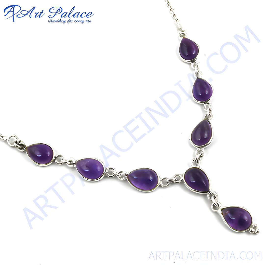 Sterling silver necklace with teardrop-shaped amethyst gemstones, purple and silver jewelry