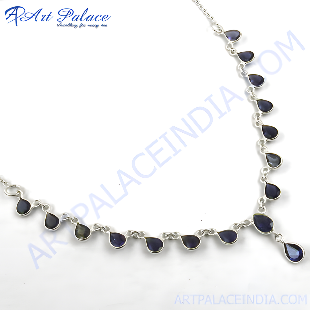 Sterling silver necklace with blue teardrop gemstones, perfect for women's daily wear or special occasions