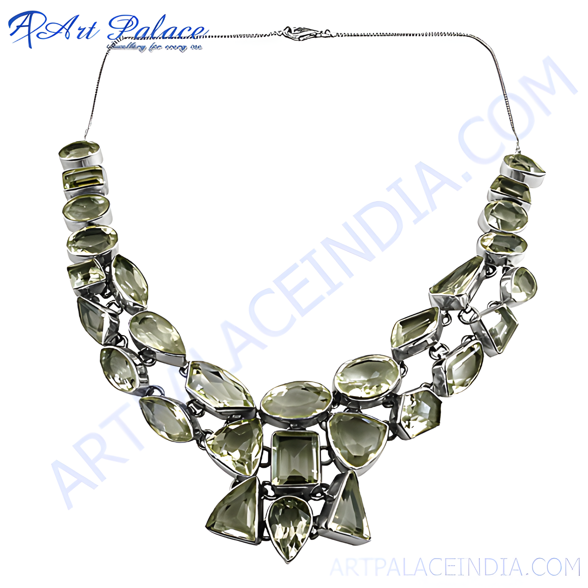 Silver statement necklace featuring multiple green yellow lemon quartz gemstones