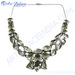 Load image into Gallery viewer, Silver statement necklace featuring multiple green-yellow lemon quartz gemstones.
