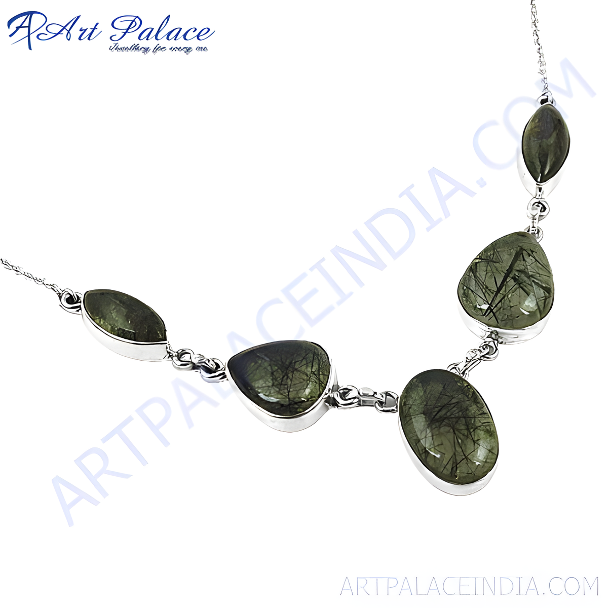 Sterling silver necklace with oval and teardrop shaped rutilated quartz stones in a bezel setting