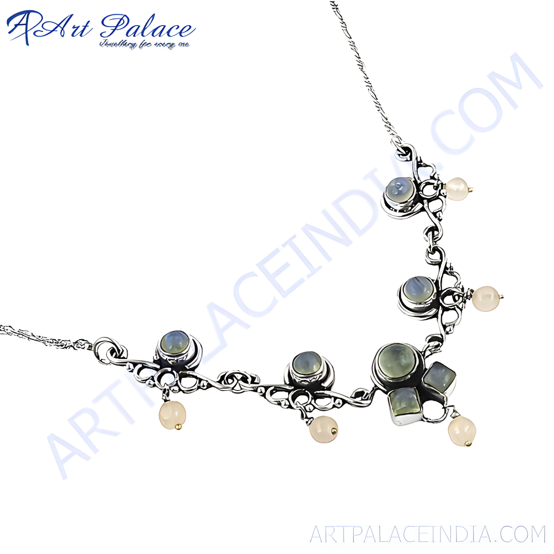 Sterling silver necklace with moonstone gemstones, delicate and elegant design for women, perfect gift.