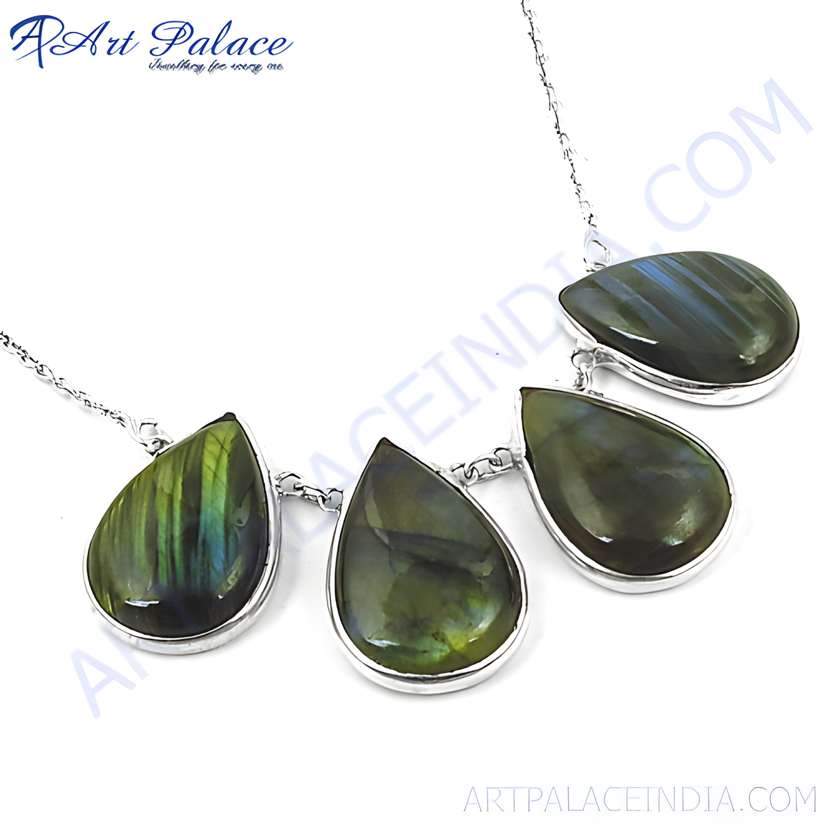 925 sterling silver teardrop labradorite pendant necklace with green and blue gemstone