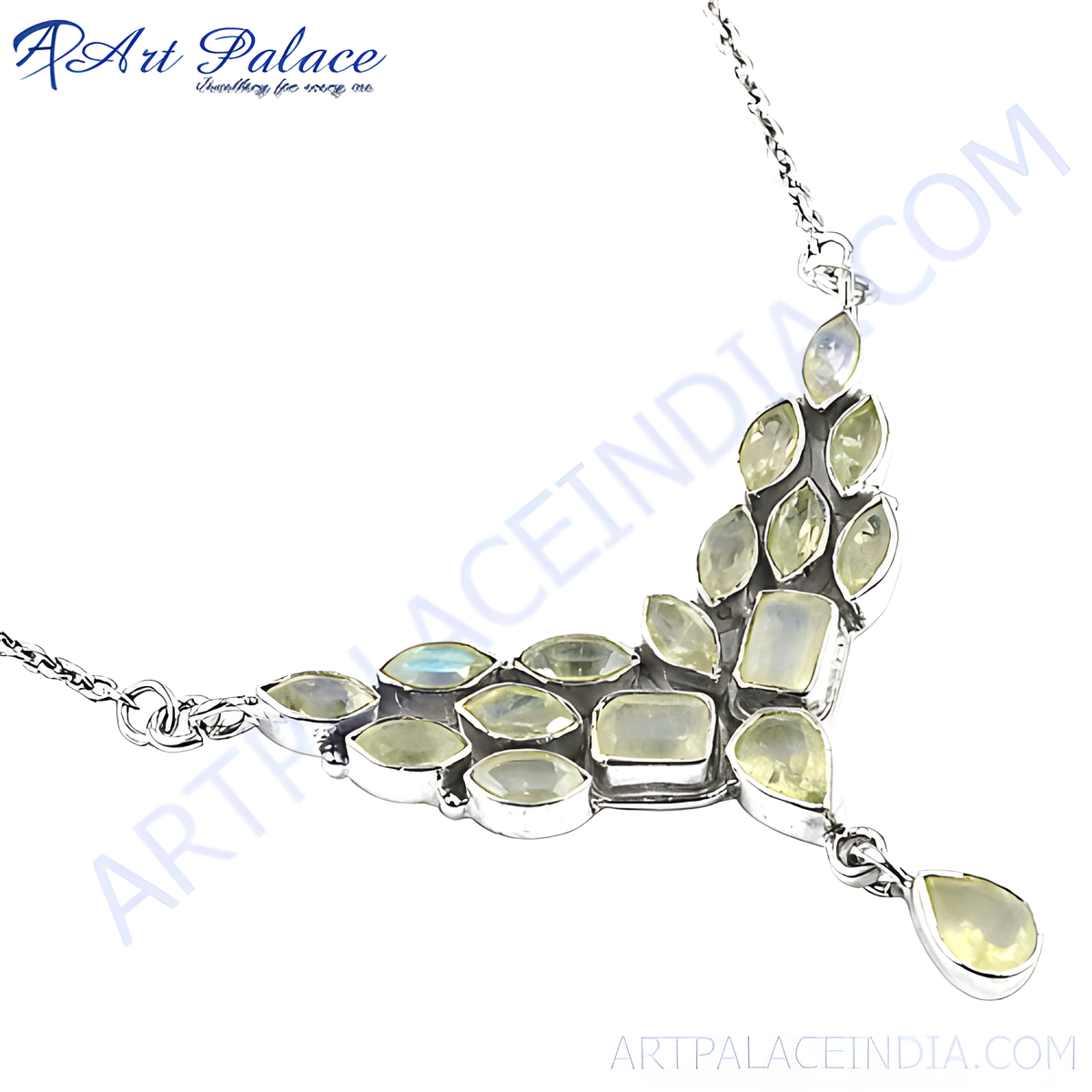 925 sterling silver necklace featuring array of light green gemstones set in a unique pendant design