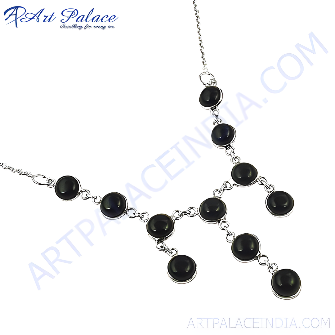 Sterling silver necklace with black onyx gemstones, a beautiful and elegant jewelry piece for women.