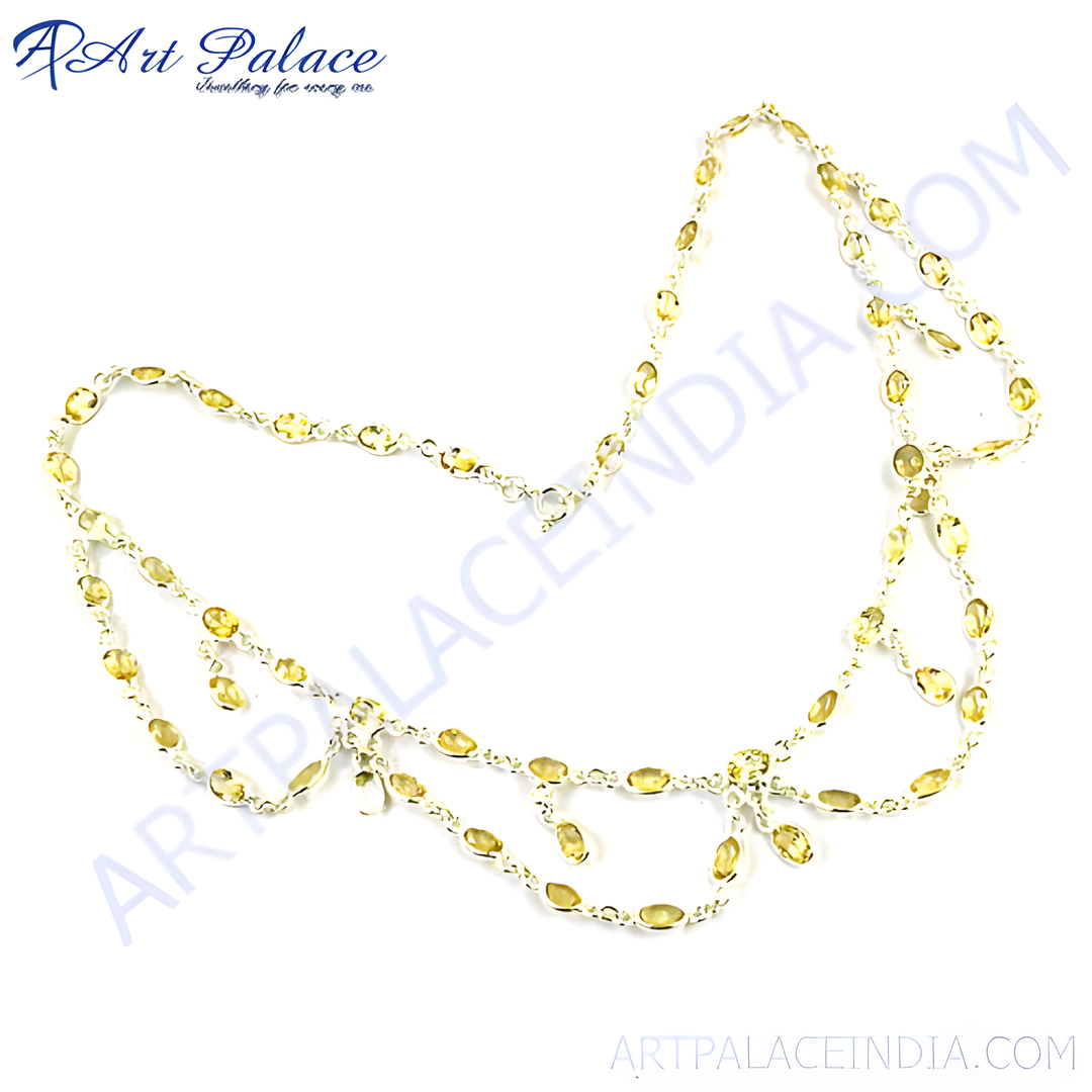 Sterling silver citrine beaded necklace with yellow gemstones, perfect for any occasion.