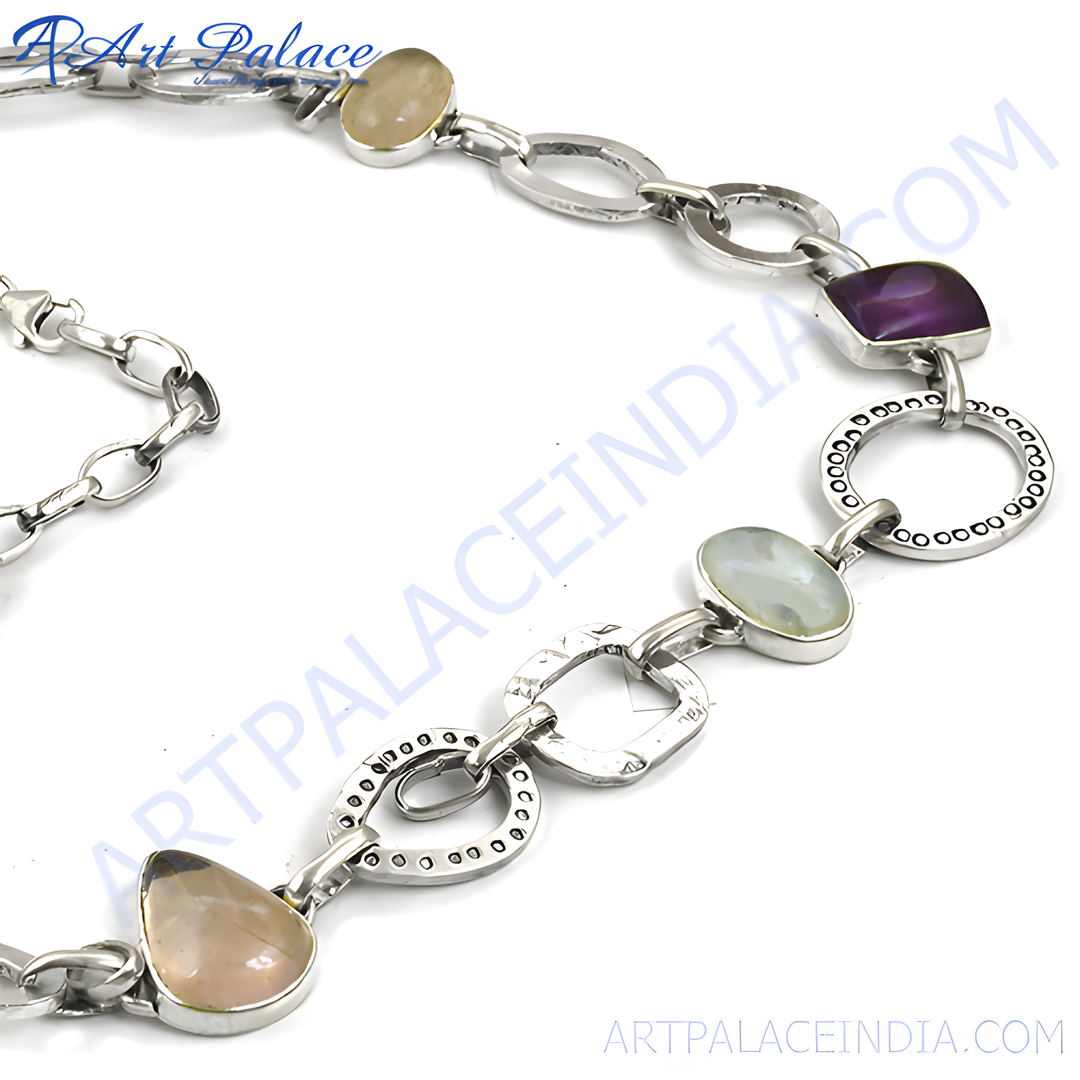 Sterling silver chain necklace with various gemstones. Silver fashion jewelry.