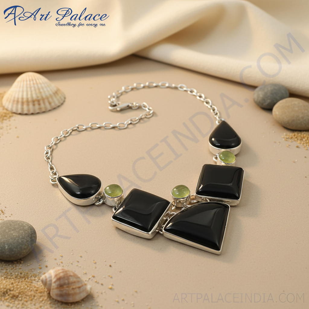 925 Silver Onyx & Peridot Necklace for Women | Statement Jewelry