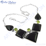 Load image into Gallery viewer, 925 sterling silver statement necklace with black onyx and green peridot gemstones.
