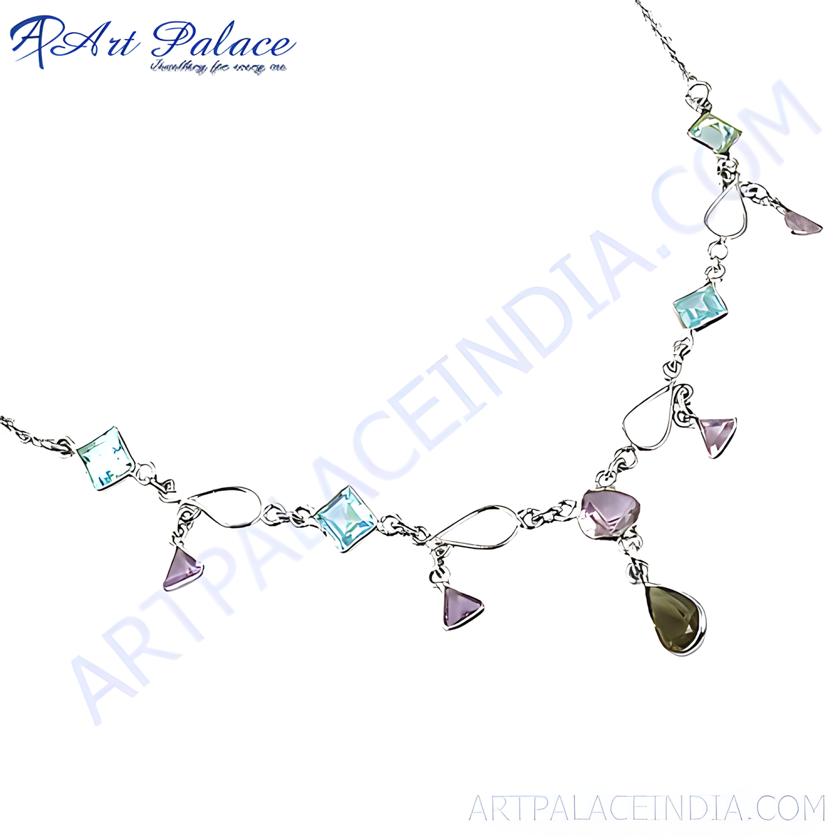 Sterling silver necklace with various colorful gemstones