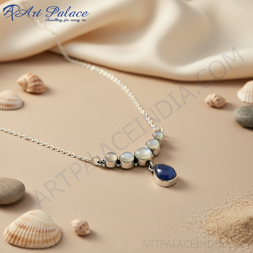 925 Silver Moonstone & Blue Gemstone Necklace for Women