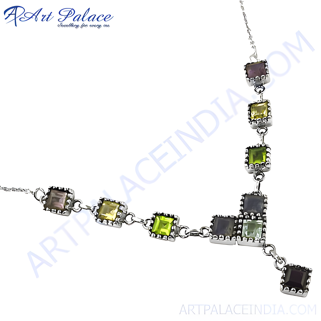 925 sterling silver necklace with square cut gemstones in various colors.