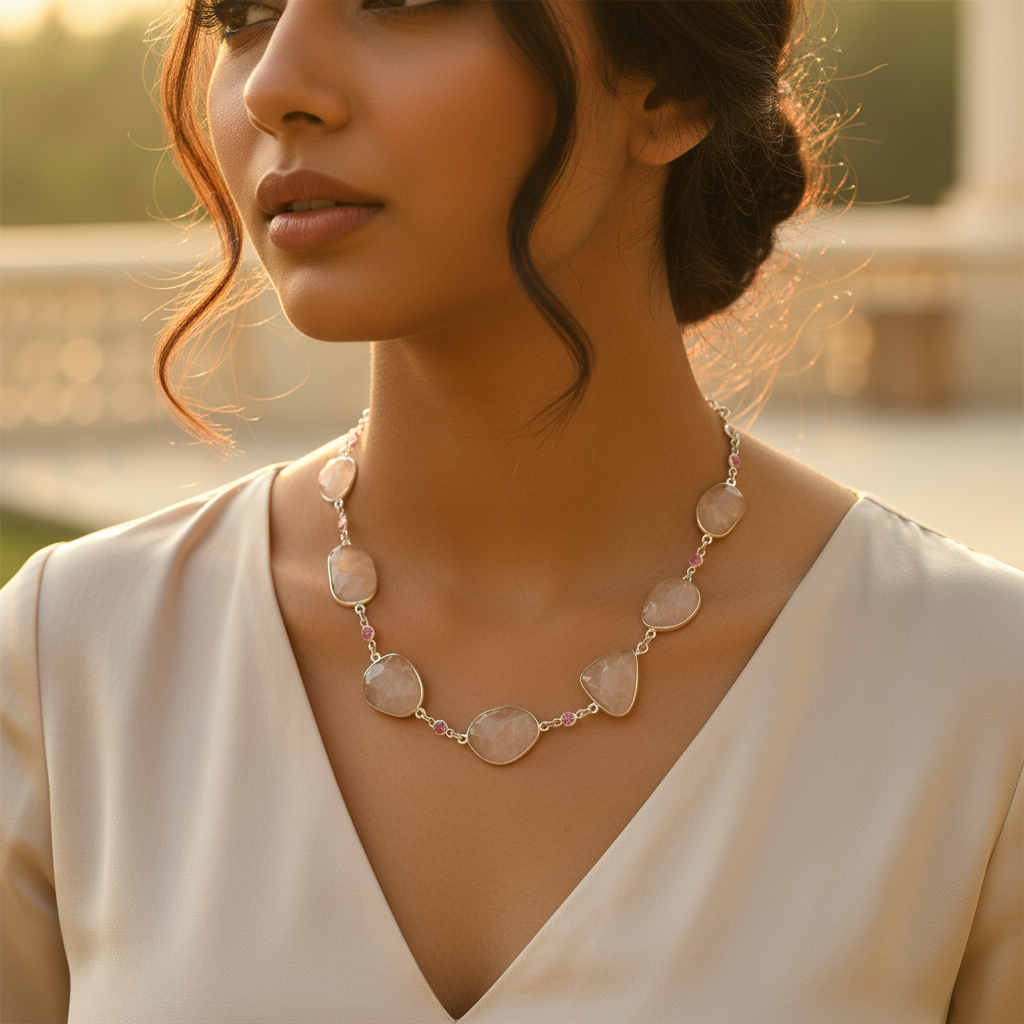 Silver Rose Quartz Necklace for Women | Gemstone Jewelry
