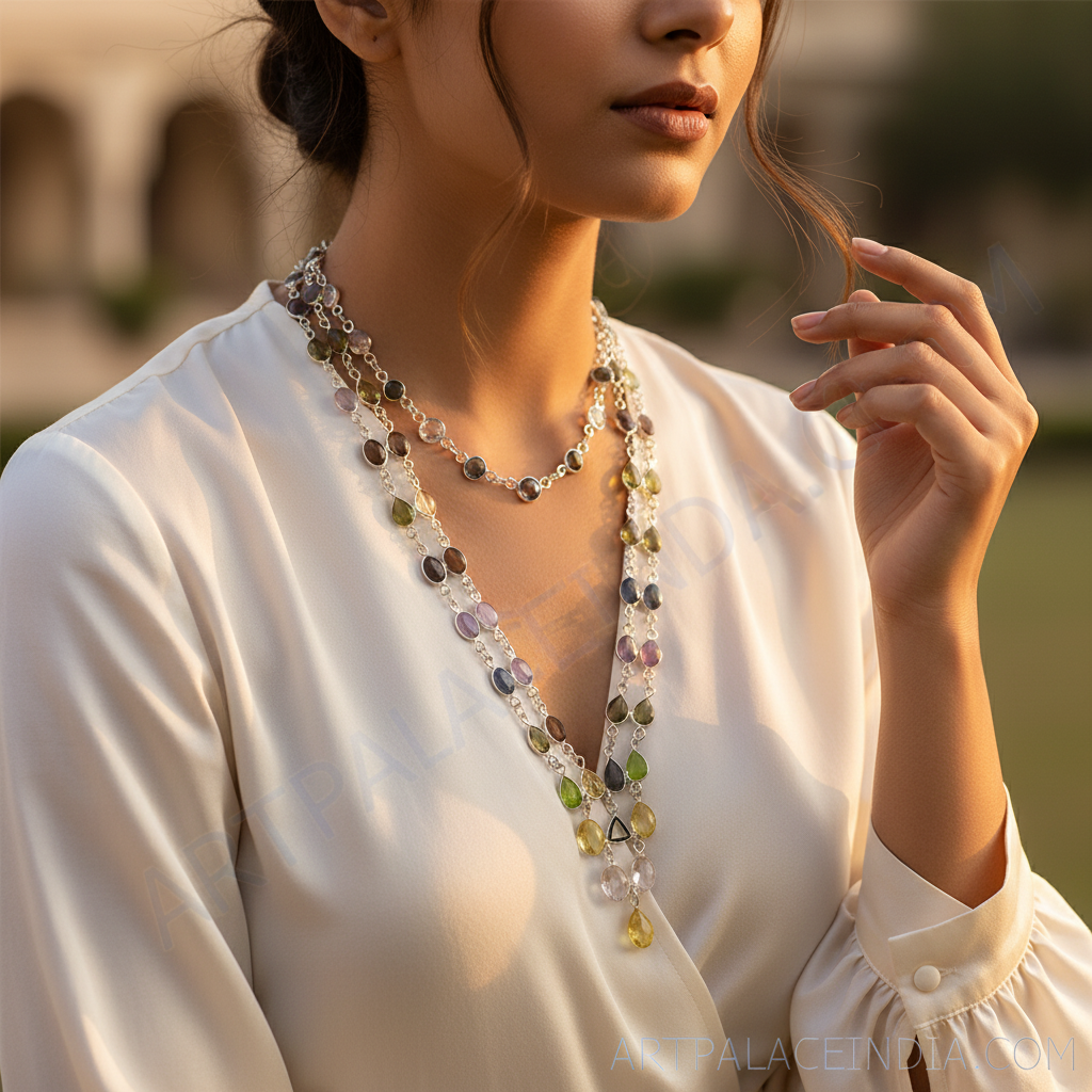 925 Silver Multi-Gemstone Beaded Necklace | Women's Jewelry