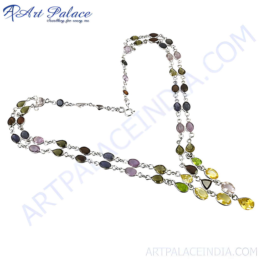 925 sterling silver beaded necklace with multi-colored gemstones on a white background.