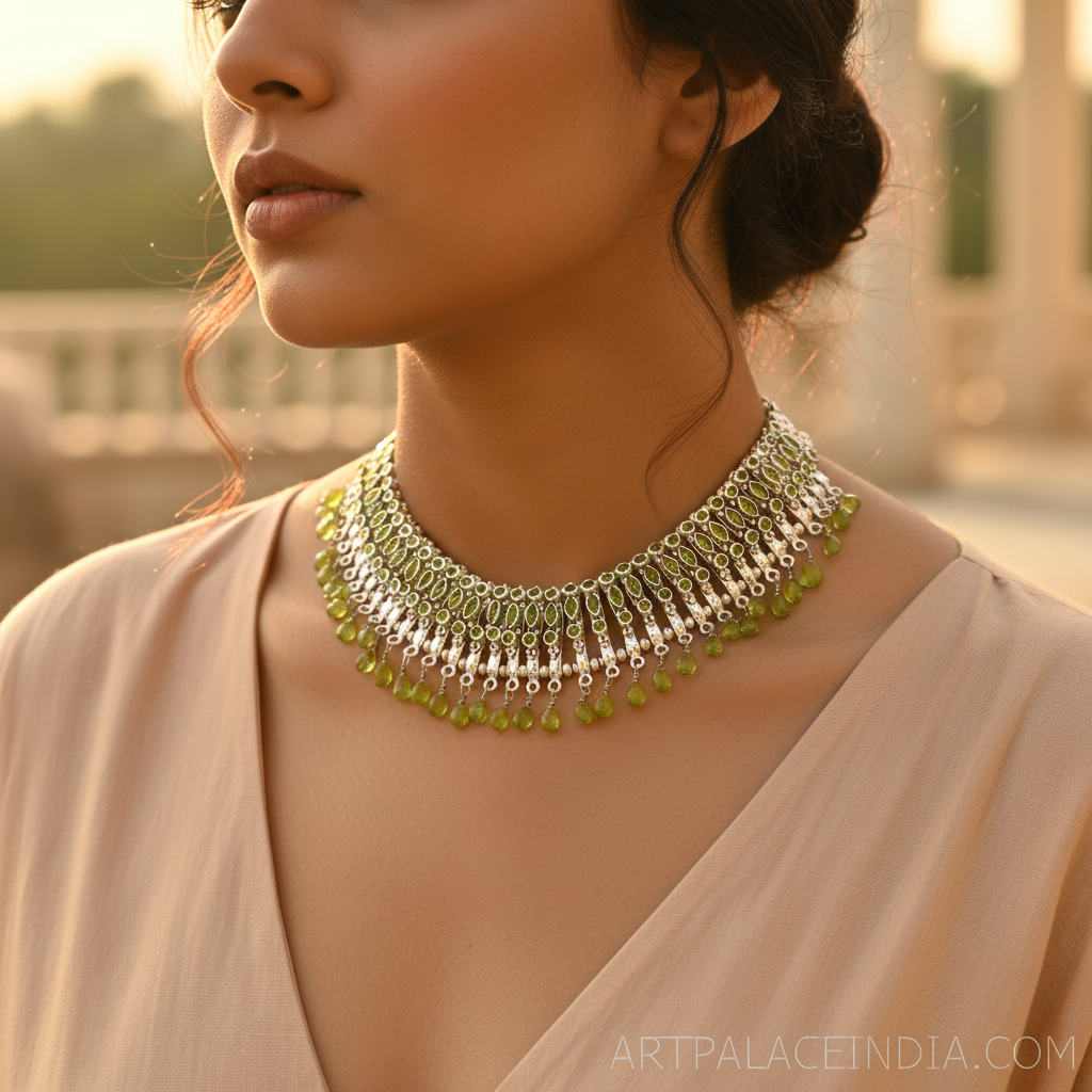 925 Silver Peridot Necklace for Women | Dangle Choker Necklace