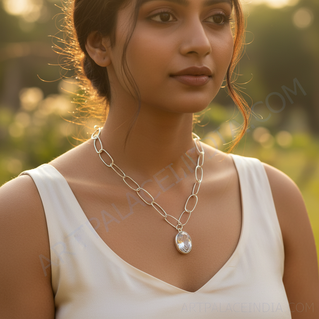 Silver Chain Necklace with Oval Pendant for Women