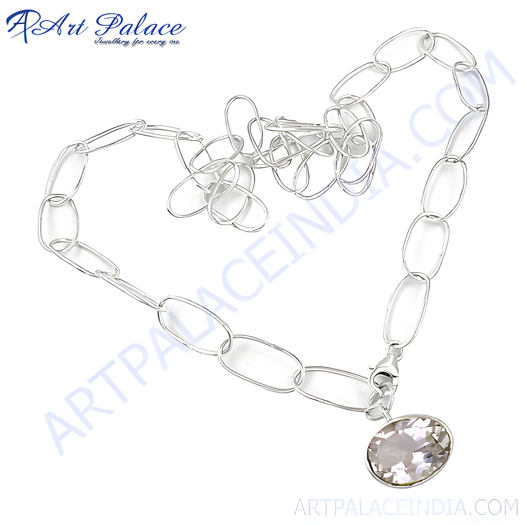 Sterling silver chain necklace with an oval pendant featuring a clear gemstone for women.