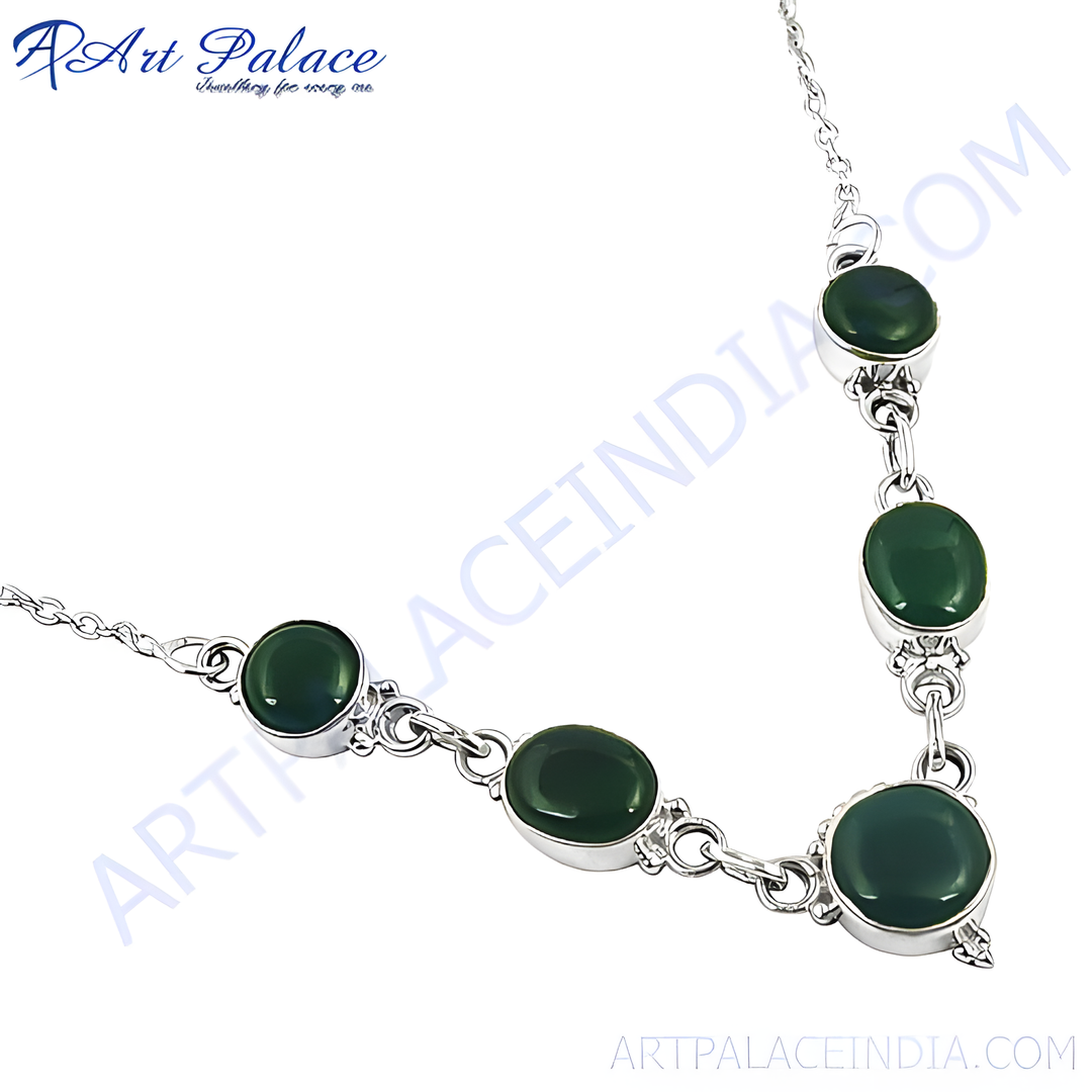 925 sterling silver necklace with oval-shaped green onyx gemstones, a beautiful piece of jewelry for women.