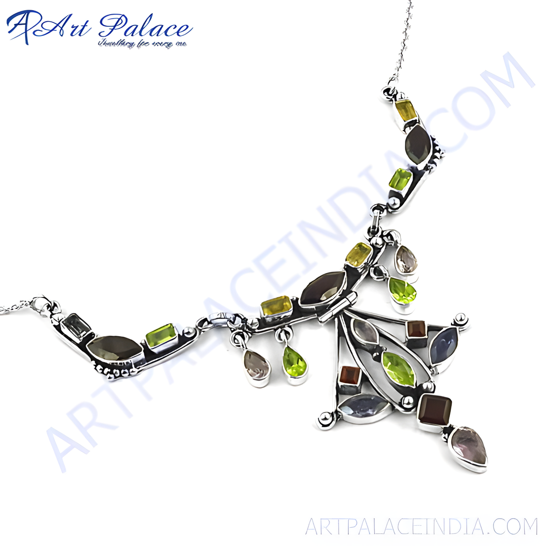 Sterling silver gemstone necklace featuring colorful gemstones in a unique design, perfect for women.