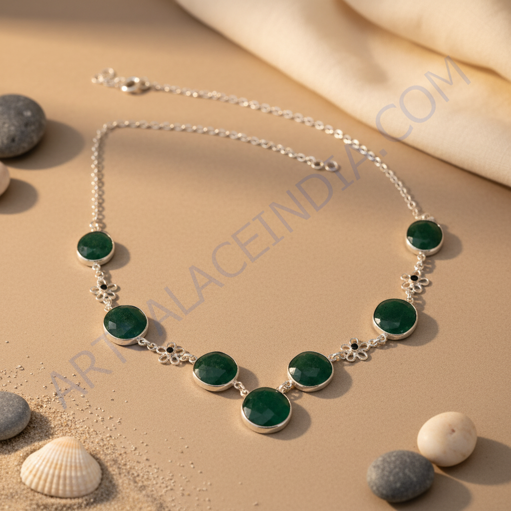 925 Silver Green Gemstone Necklace for Women | Daily Wear