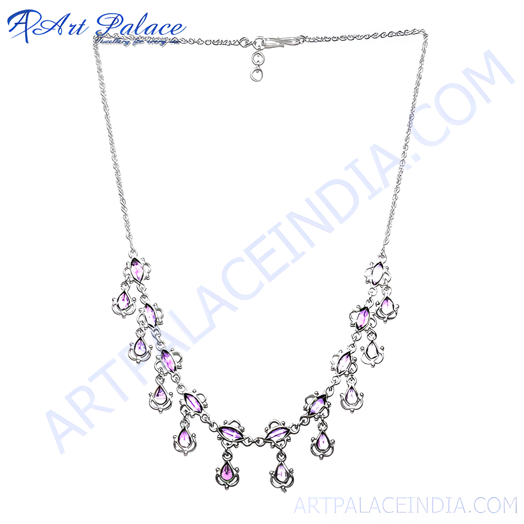 925 sterling silver necklace with amethyst teardrop gemstones, purple stones and elegant design.