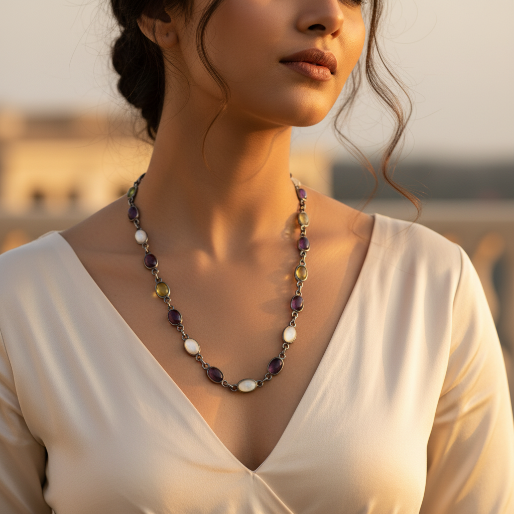 Silver gemstone chain necklace for women | daily wear jewelry