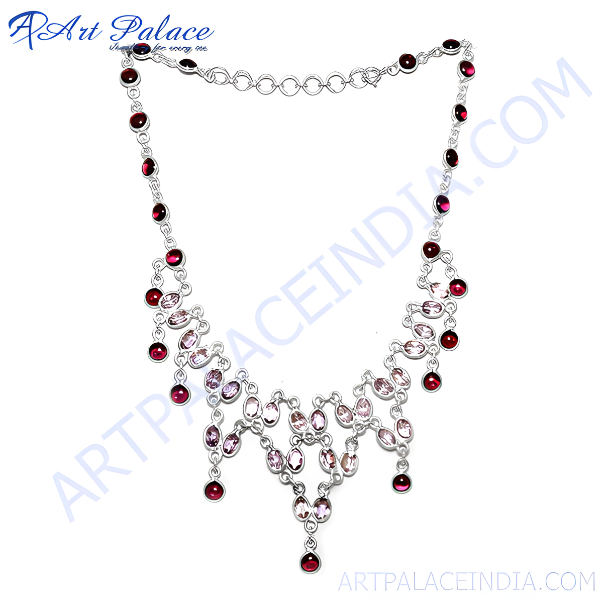 Sterling silver necklace with red and pink gemstones, a beautiful statement piece for women