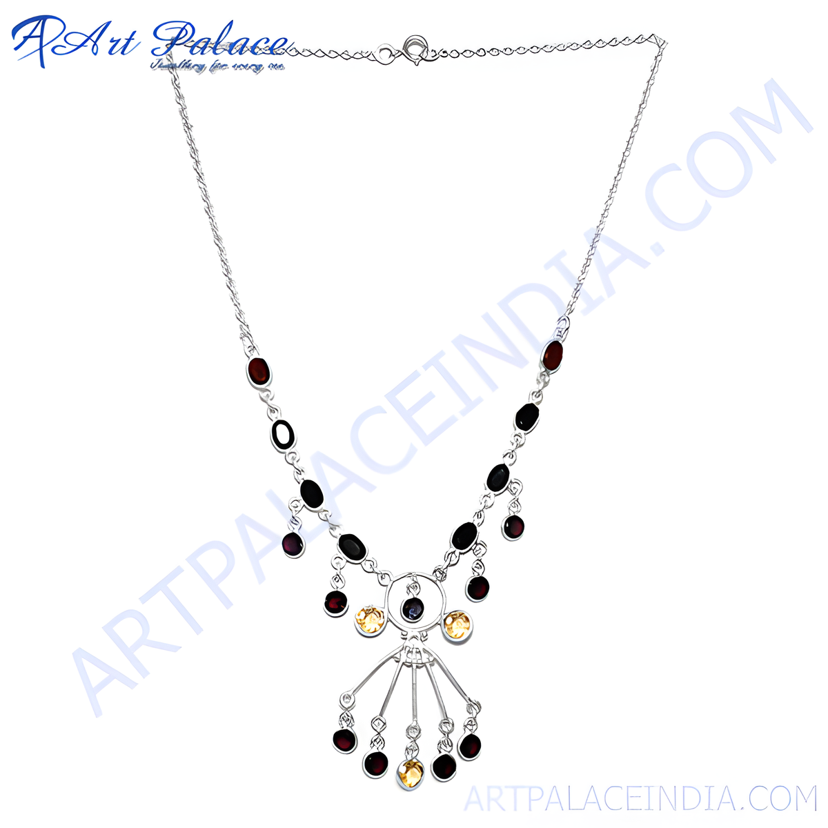 925 sterling silver multi gemstone pendant necklace with garnet, onyx, and yellow gemstones