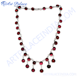 Load image into Gallery viewer, Sterling silver necklace with round red garnet gemstones, a beautiful and elegant piece of jewelry
