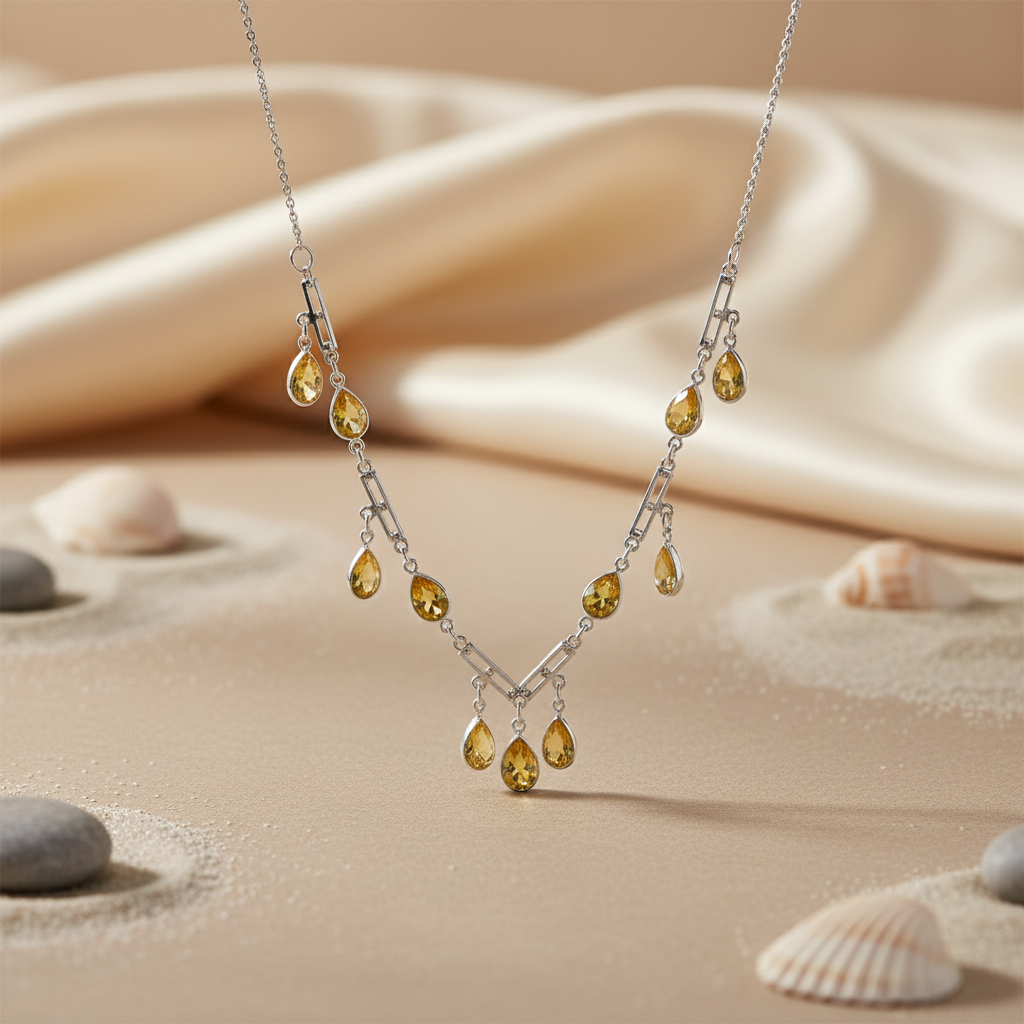 Silver Citrine Teardrop Dangle Necklace for Women | Gift Jewelry