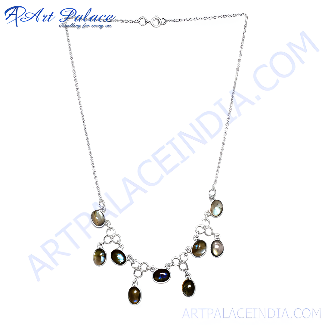 925 sterling silver labradorite necklace with oval-shaped gemstones, featuring iridescent colors