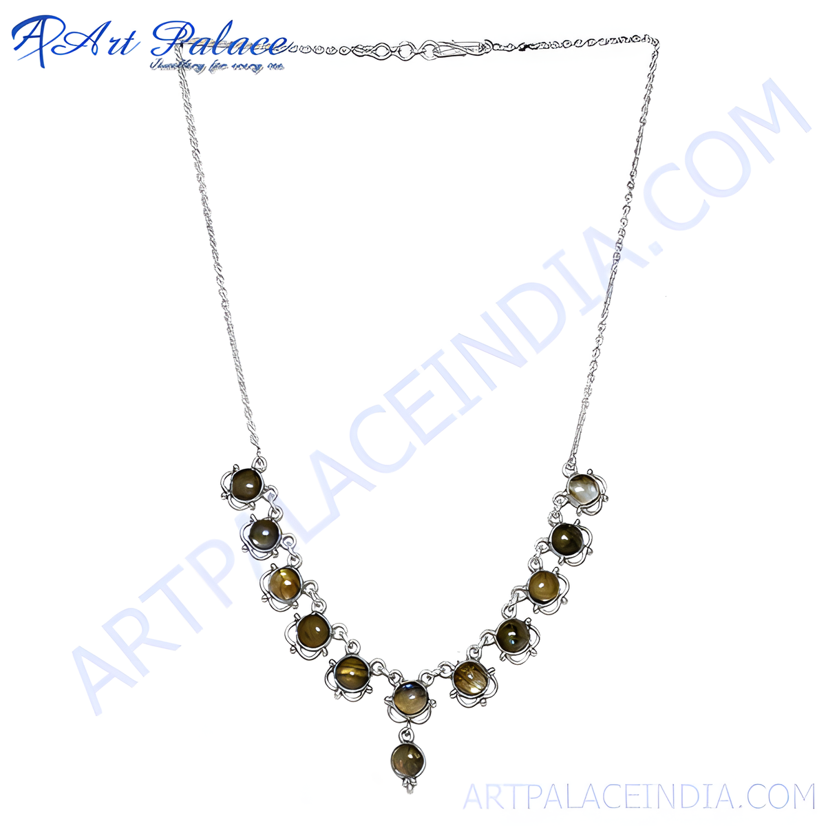 Sterling silver necklace with multiple smoky quartz gemstones arranged in a curve for women