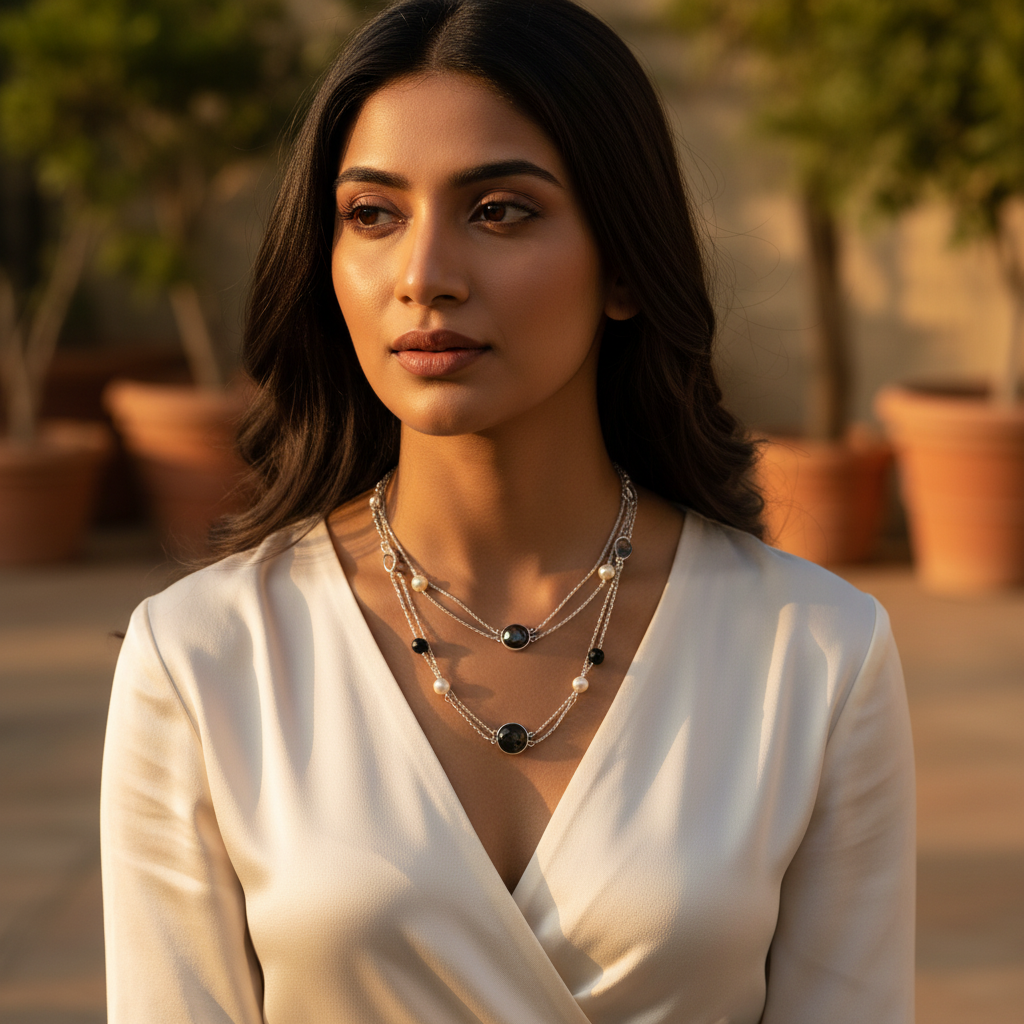 925 Silver Chain Necklace with Black & Pearl Beads | For Women