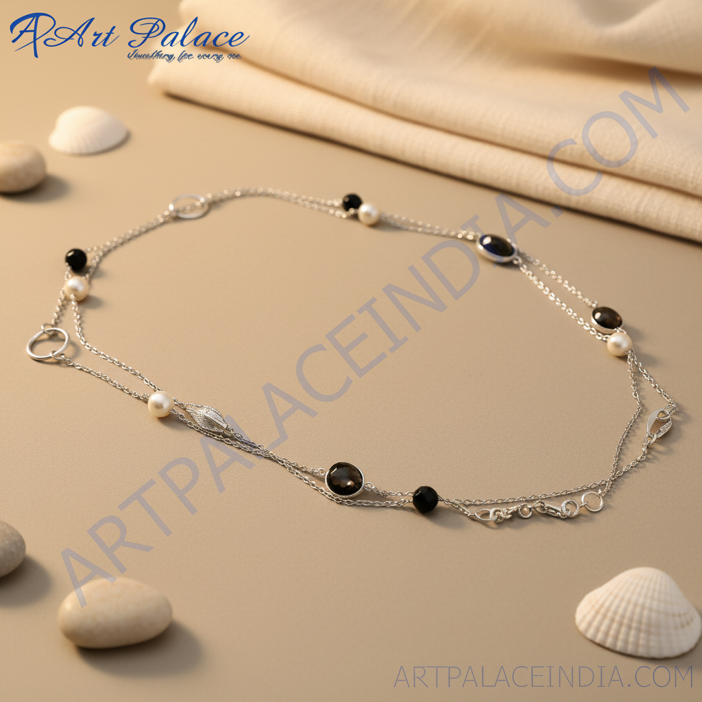 925 Silver Chain Necklace with Black & Pearl Beads | For Women