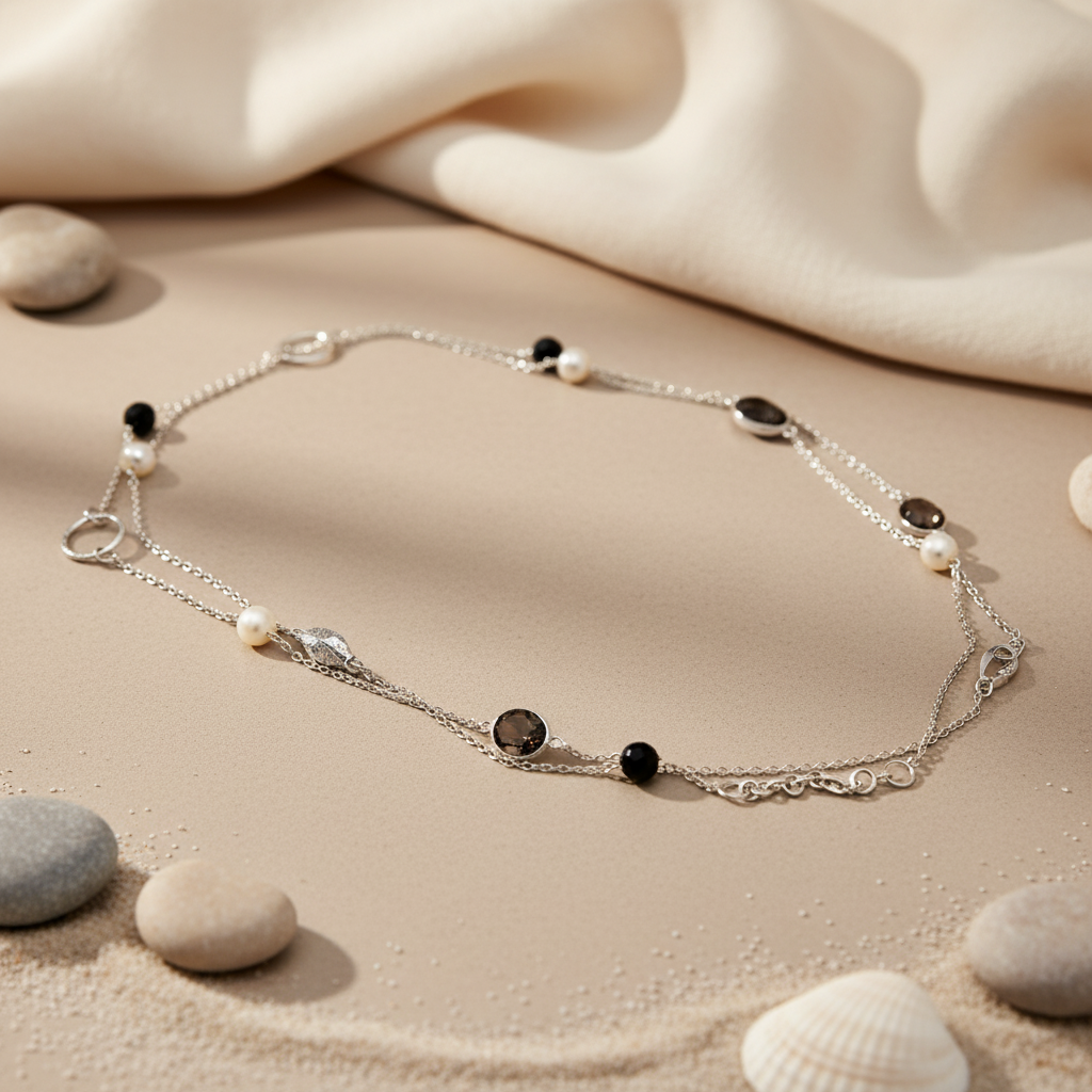 925 Silver Chain Necklace with Black & Pearl Beads | For Women
