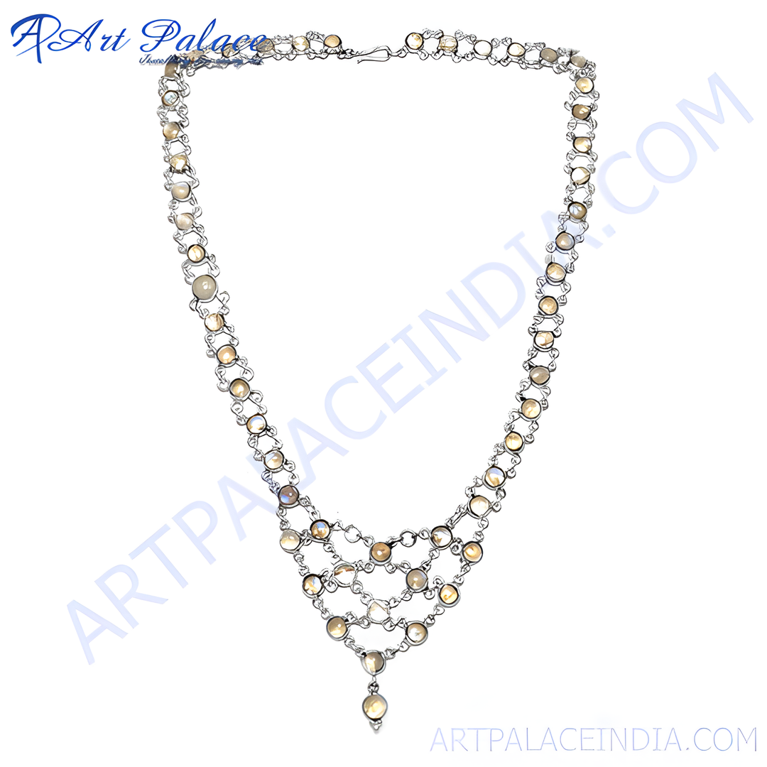 Sterling silver necklace with multiple moonstone gemstones and an ornate design, perfect for special occasions.