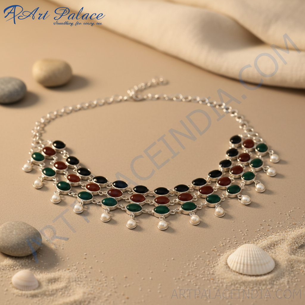 Silver Gemstone Necklace | Multi-Stone Choker for Women