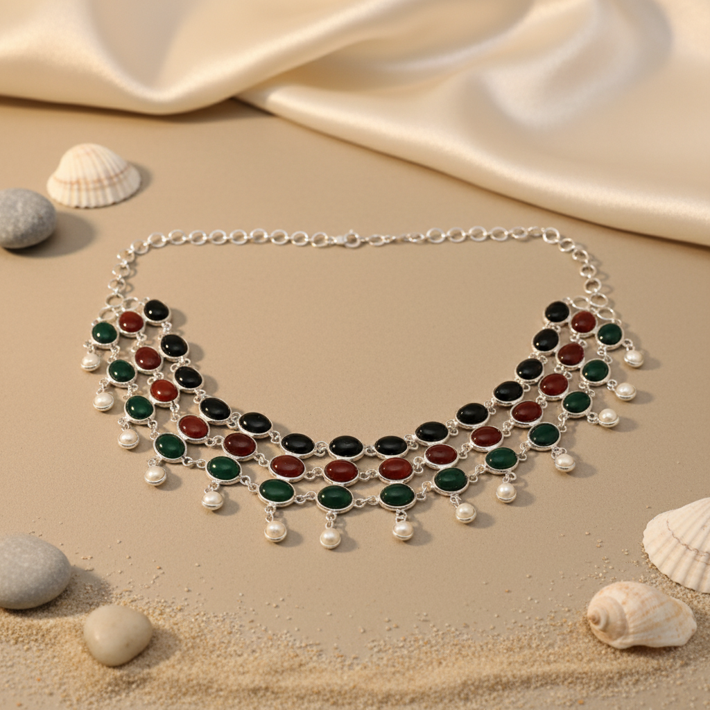 Silver Gemstone Necklace | Multi-Stone Choker for Women