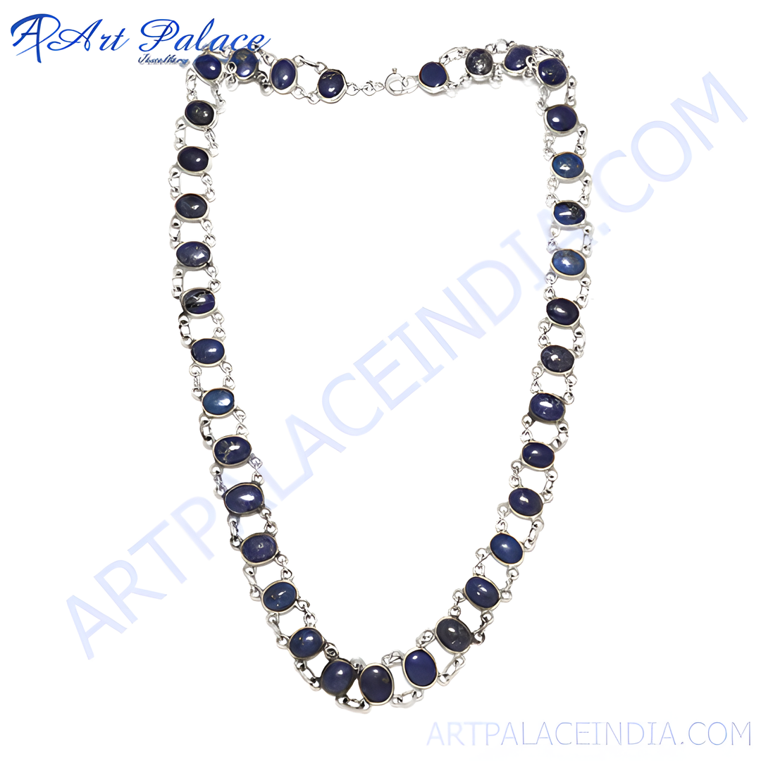 Sterling silver chain necklace with oval-shaped blue sapphire gemstones, perfect for women