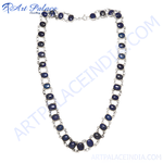Load image into Gallery viewer, Sterling silver chain necklace with oval-shaped blue sapphire gemstones, perfect for women
