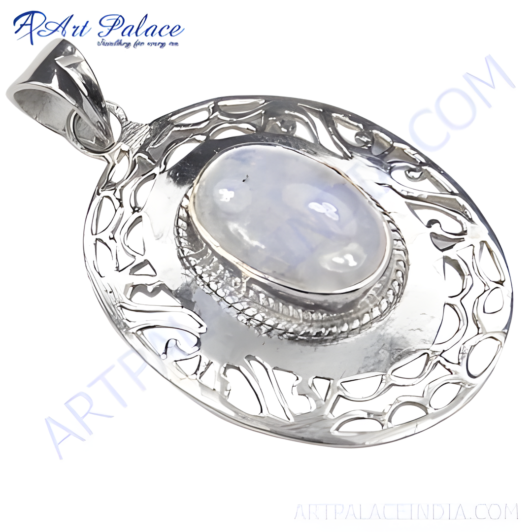 Sterling silver moonstone pendant, featuring an oval, light-colored gemstone. The pendant has an openwork design.