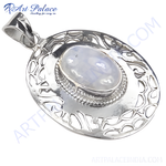 Load image into Gallery viewer, Sterling silver moonstone pendant, featuring an oval, light-colored gemstone. The pendant has an openwork design.
