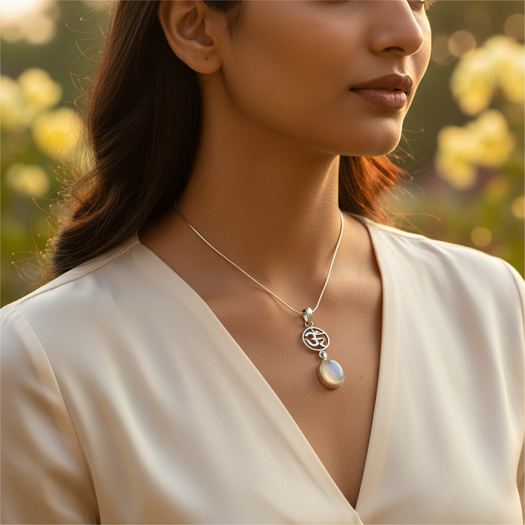 925 Silver Om Moonstone Pendant for Women | Spiritual Jewelry