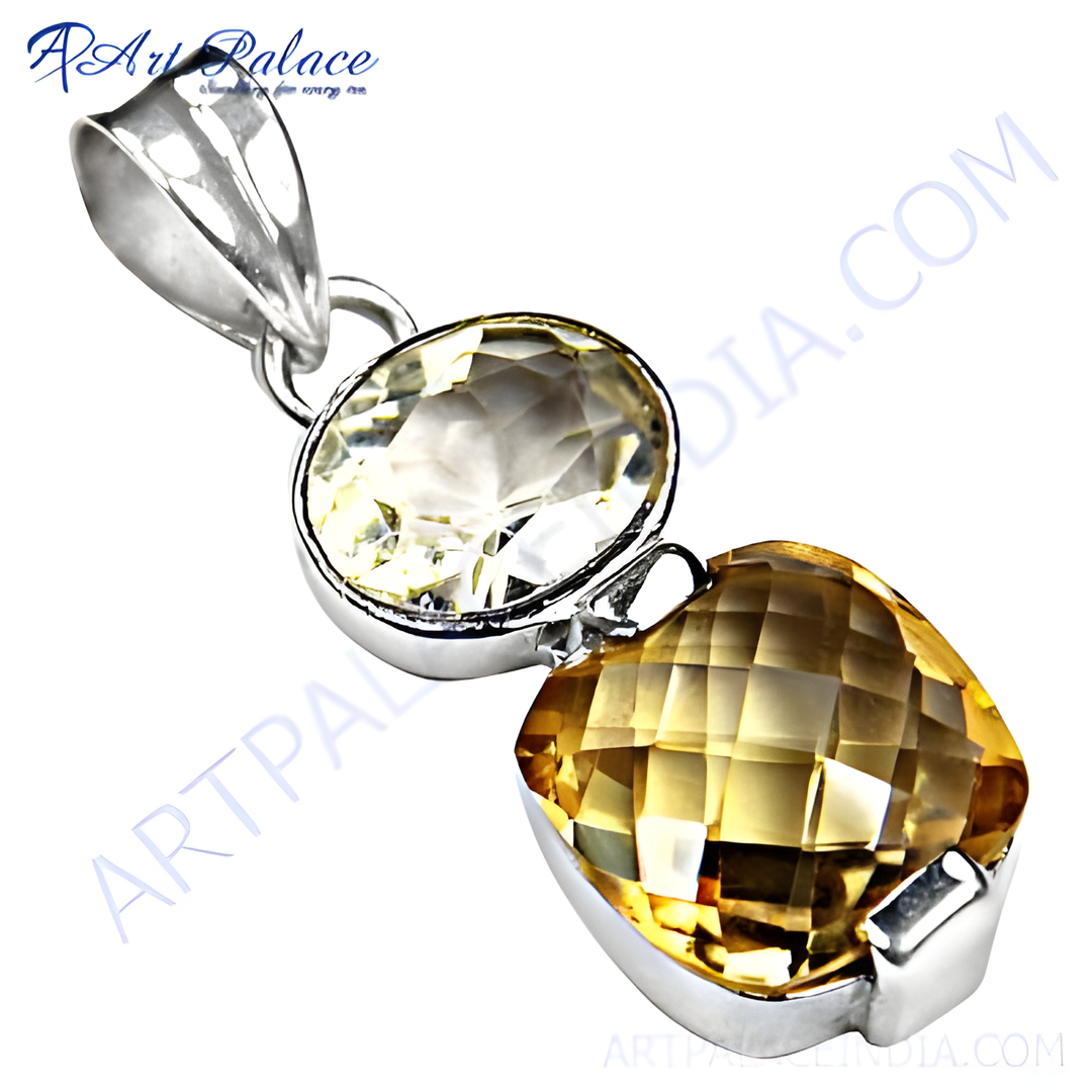 925 sterling silver citrine pendant, featuring two faceted yellow gemstones, elegant design