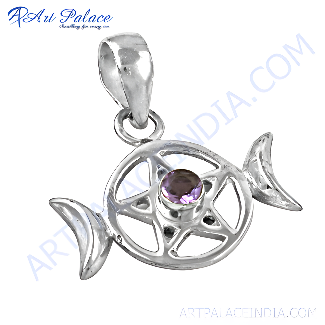 925 sterling silver fish pendant with a purple amethyst gemstone center, ideal women's gift.